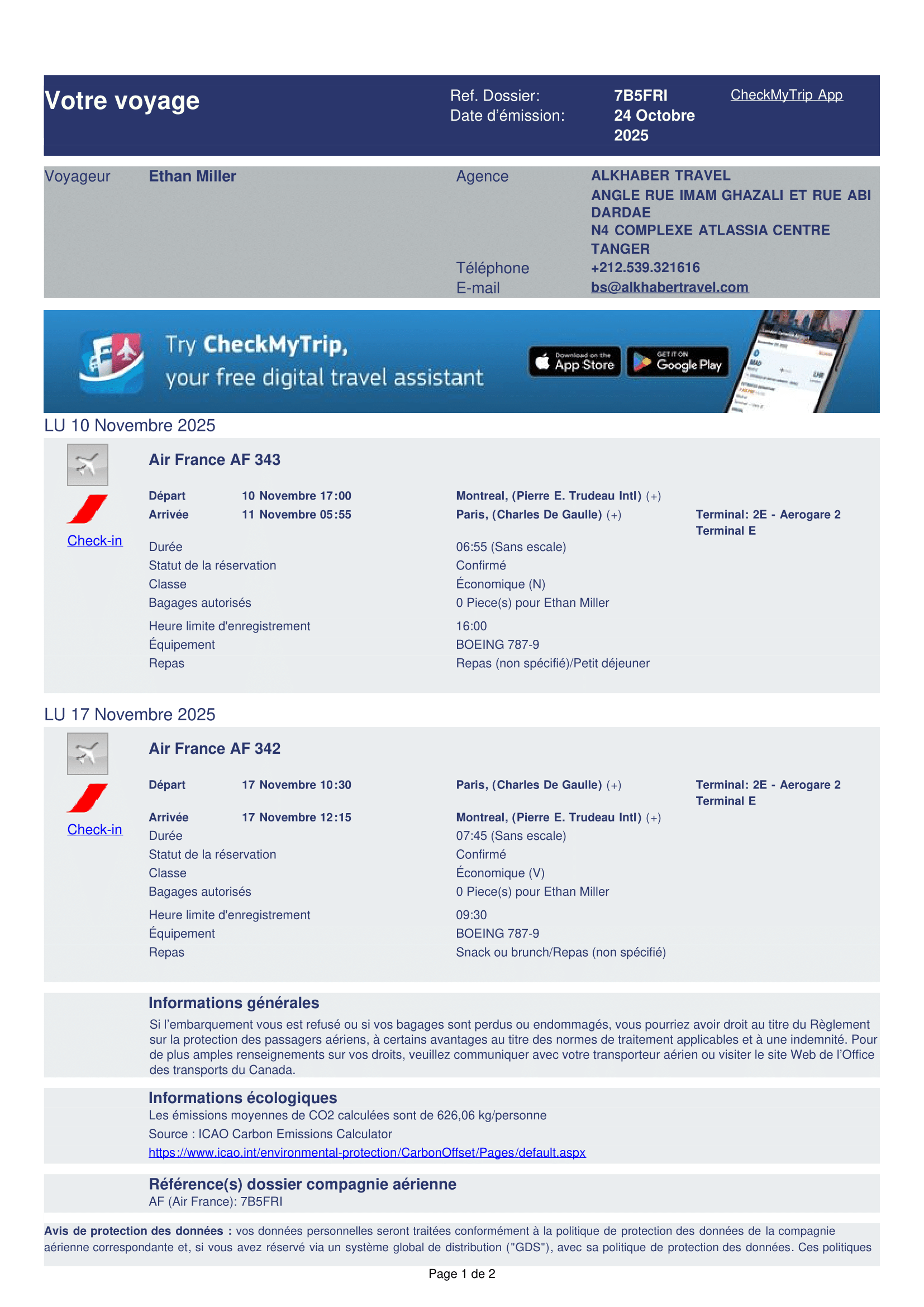 Exemple de réservation de vol Casablanca Canada pour demande de visa